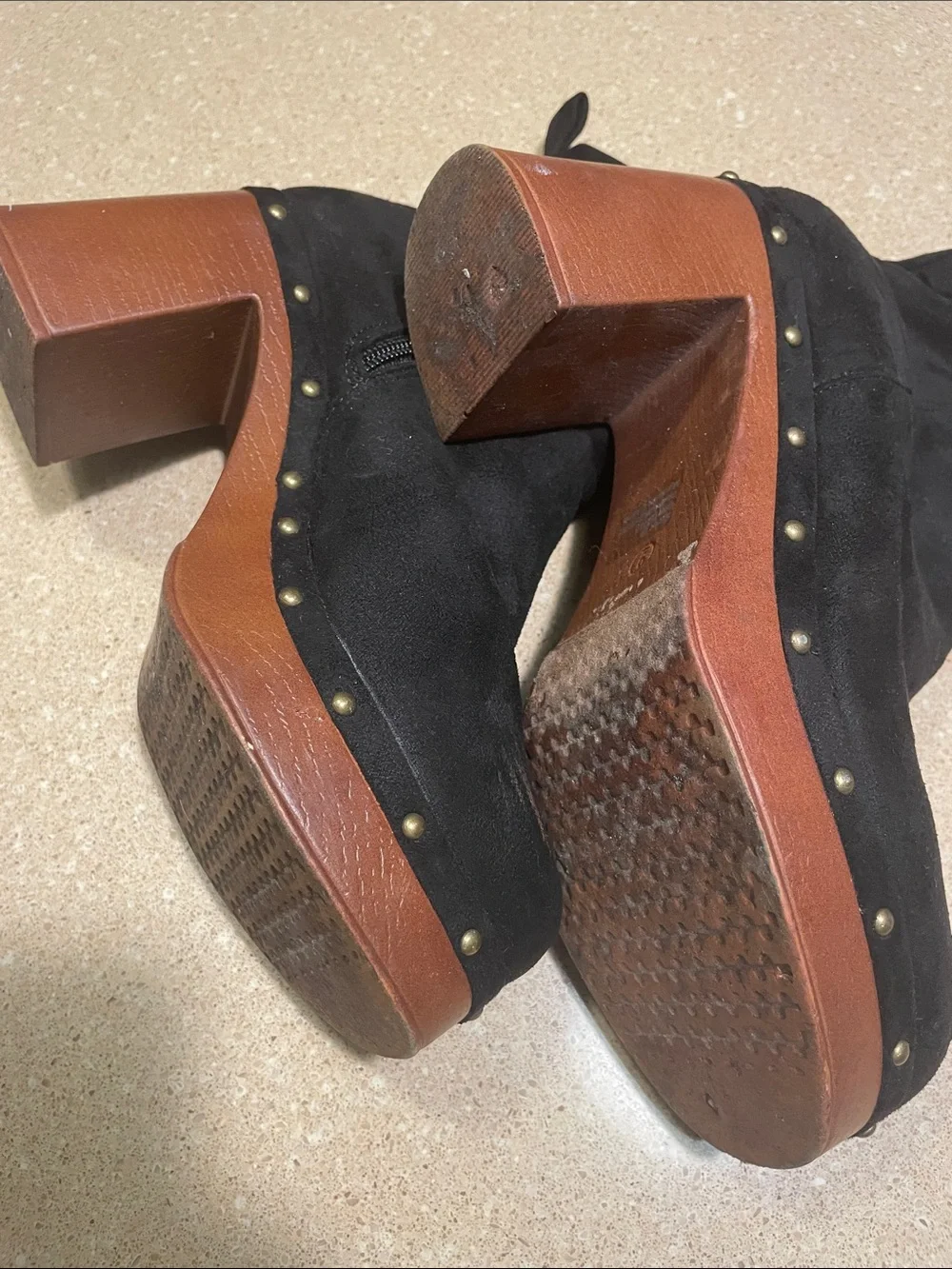 New York & Company Black Suede Platform Ankle Boots with Wood-Effect Block Heel